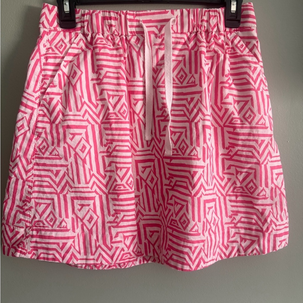 J. Crew Pink White Geometric Aztec Print linen blend Lined Skirt w/ pockets Sz 0